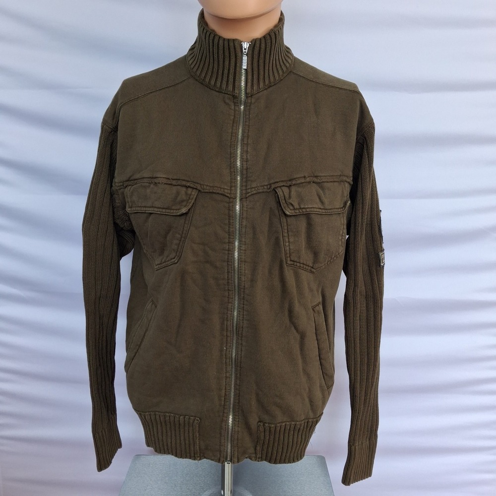 Columbia Sportswear Mens Medium Olive Green Full Zip Hybrid Knit Jacket Patch